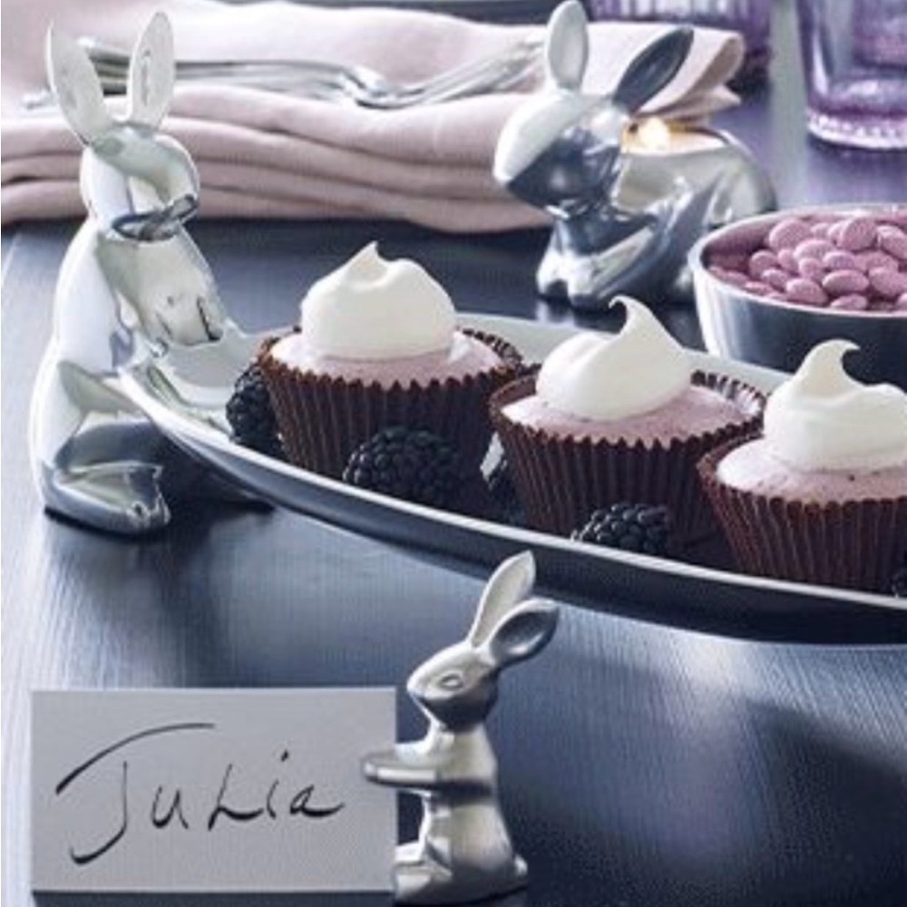 RARE! Crate&Barrel Silver Bunny Napkin Rings and Place Card Holder EASTER 🐣🌸🐇
